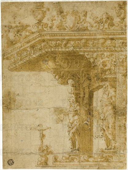 Design for Tomb with Canopy, c. 1550, Attributed to Marco Marchetti, called Marco da Faenza, Italian, c. 1526-1588, Italy, Pen and brown ink with brush and brown wash, on tan laid paper, laid down on tan laid paper, 261 x 196 mm