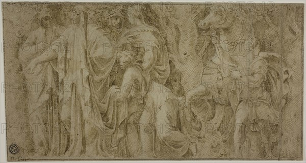 Story of Niobe: Niobe Receiving Gifts from Worshippers, Youth with Horse, late 16th century, After Polidoro Caldara, called Polidoro da Caravaggio, Italian, c. 1499-c. 1543, Italy, Pen and brown ink over traces of black chalk on tan laid paper, laid down on ivory laid paper, 154 x 291 mm