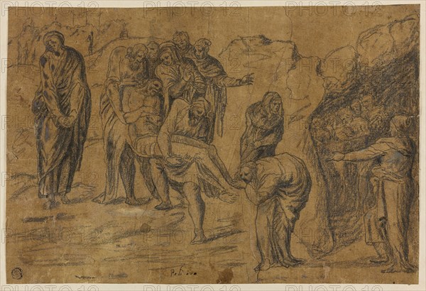 Entombment of Christ, 1527/28, After Polidoro Caldara, called Polidoro da Caravaggio, Italian, c. 1499-c. 1543, Italy, Charcoal with traces of white gouache, on brown laid paper, laid down on brown laid paper and cream wove paper, 222 x 328 mm (max.)
