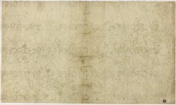 Roman Conquest, n.d., Follower of Girolamo Sellari, called Girolamo da Carpi, Italian, 1501-1556, Italy, Pen and brown ink, over black chalk, on ivory laid paper, 320 x 542 mm