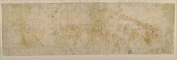Solomon and the Queen of Sheba (recto), Sketch of the Queen of Sheba (verso), 1590/99, Bernardo Castello, Italian, 1557-1629, Italy, Pen and iron gall ink on ivory laid paper (recto and verso), 130 x 430 mm