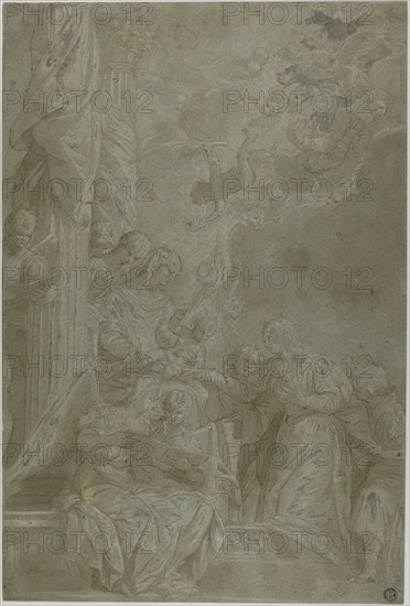 Mystic Marriage of Saint Catherine, late 17th century, Paolo Caliari, called Paolo Veronese, Italian, 1528-1588, Italy, Pen and brown ink with brush and brown wash, heightened with lead white (partly oxidized), on blue-gray laid paper, laid down on cream laid paper, 443 x 298 mm