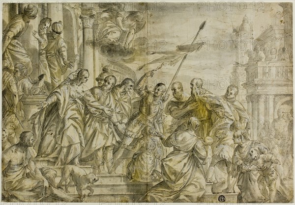 Saints Mark and Marcellian Led to Their Execution, while Comforted by Saint Sebastian, 18th century, Paolo Caliari, called Paolo Veronese, Italian, 1528-1588, Italy, Pen and black ink with brush and gray wash, heightened with lead white (partly oxidized) and touches of orange gouache, on ivory laid paper, laid down on tan wove paper, 291 x 421 mm