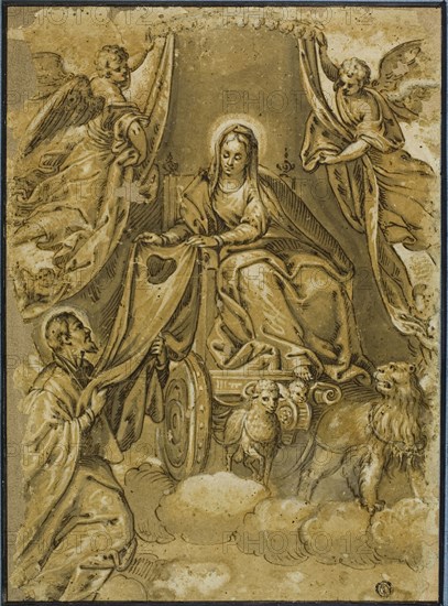 Virgin Mary Handing Scapular to Saint Simon Stock, n.d., Paolo Caliari, called Paolo Veronese, Italian, 1528-1588, Italy, Pen and iron gall ink, brown and gray wash, heightened with lead white, on blue laid paper, laid down on blue wove paper and ivory laid card, 344 x 250 mm