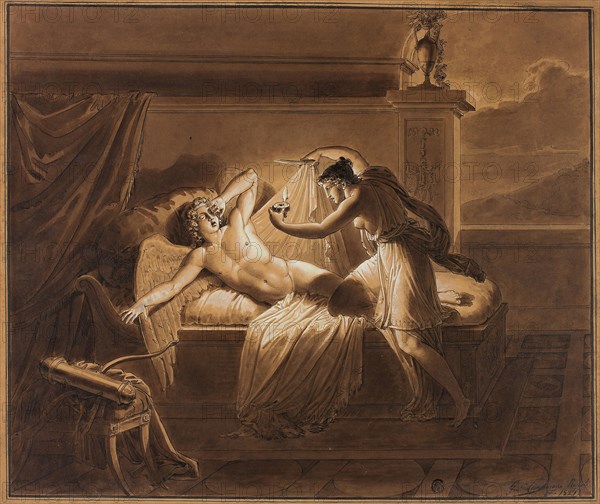 Cupid and Psyche, 1821, Giuseppe Cammarano, Italian, 1766-1850, Italy, Pen and black ink and brush and brown wash heightened with lead white (discolored), on cream wove paper prepared with an orange wash, laid down on cream board, 355 x 430 mm