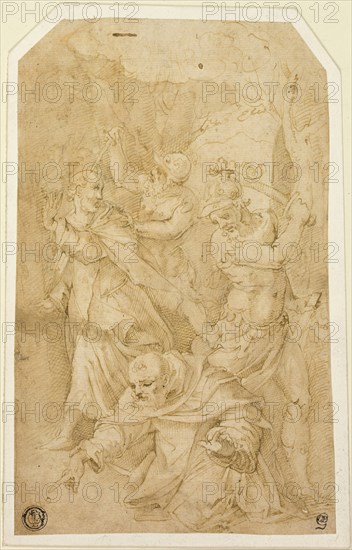 Study for the Death of Saint Peter Martyr, c. 1571, Circle of Giorgio Vasari, Italian, 1511-1574, Italy, Pen and brown ink with brush and brown wash, over traces of black chalk, on cream laid paper, laid down on ivory laid paper, 208 x 130 mm