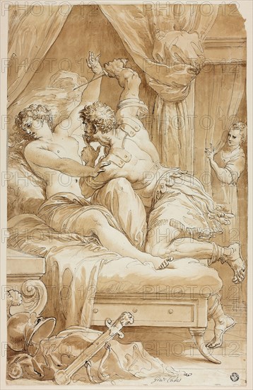 Rape of Lucretia, 1795, Giuseppe Cades, Italian, 1750-1799, Italy, Pen and black ink with brush and brown wash, over black chalk, on ivory laid paper, 435 x 276 mm