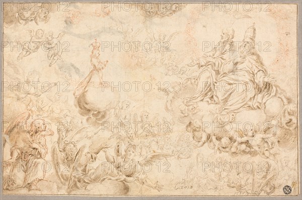 The Holy Infant Adoring the Trinity, n.d., Attributed to Alonso Cano, Spanish, 1601-1667, Spain, Pen and brown ink and red chalk and brush and brown and gray wash over black chalk, on ivory laid paper, laid down on gray wove card, 226 x 347 mm