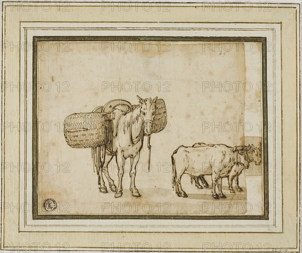 Two Sketches: Mule Carrying Baskets, Pair of Yoked Oxen, n.d., Attributed to Cornelis de Wael (Flemish, 1592-1667), or Remigio Cantagallina (Italian, 1582-1656), Flanders, Pen and brown ink with brush and brown wash, over traces of black chalk, on ivory laid paper, pieced and laid down on ivory laid paper, 128 × 163 mm