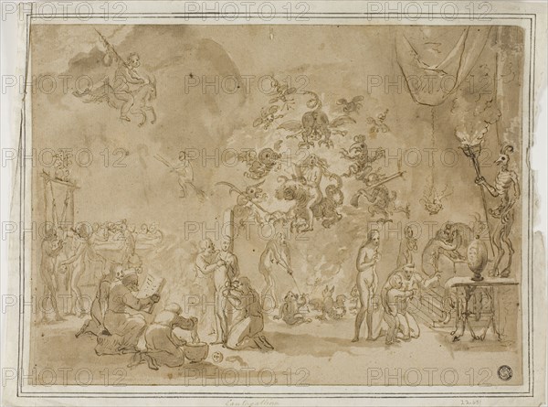 Scene of Witchcraft and Devil Worship, n.d., Attributed to David Teniers the Younger (Flemish, 1610-1690), or Remigio Cantagalina (Italian, 1582-1656), Flanders, Pen and brown ink with brush and brown wash, over traces of black chalk, on brown laid paper, laid  down on ivory laid paper, 248 × 338 mm