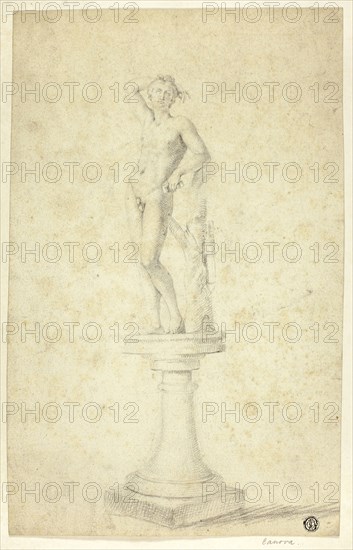 Statue of Apollo, n.d., Unknown Artist, French, 18th century, France, Black chalk on cream laid paper, tipped onto cream wove paper, 340 × 215 mm