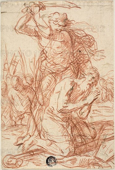 Martyrdom of Bishop Saint, n.d., Ercole Procaccini, the Younger (Italian, before 1520-1595), or Simone Cantarini (Italian, 1612-1648), Italy, Red chalk, with touches of brush and brown wash, on ivory laid paper, 156 x 105 mm