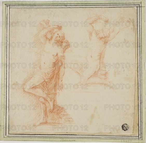 Two Sketches of Saint Sebastian, c. 1639, Attributed to Simone Cantarini, Italian, 1612-1648, Italy, Red chalk on cream laid paper, laid down on cream laid paper, 180 x 181 mm