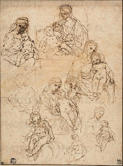 Sketches of the Virgin and Child, and the Holy Family, 1642/48, Simone Cantarini, Italian, 1612-1648, Italy, Pen and brown ink on buff laid paper, laid down on cream board, 272 x 202 mm