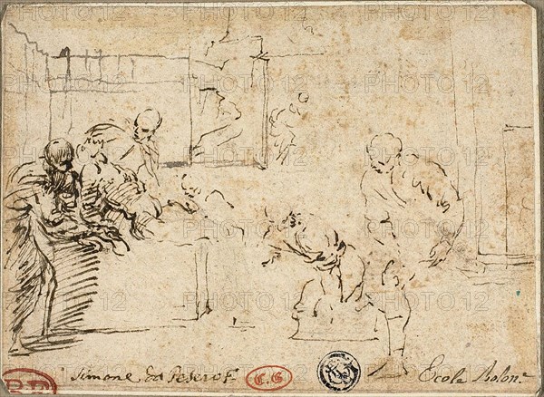 Interior with Male Nude Surrounded by Five Figures, n.d., Attributed to Simone Cantarini, Italian, 1612-1648, Italy, Pen and brown ink, with traces of black chalk, on ivory laid paper, laid down on ivory laid paper, tipped onto gray-green laid paper, 93 x 127 mm