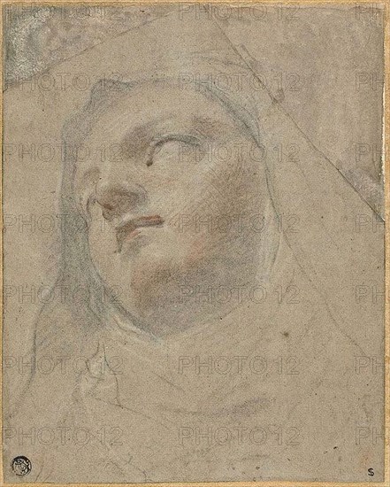 Head of a Dominican Nun: Study for the Ecstasy of Saint Dominic, 1673/75, Domenico Maria Canuti, Italian, 1620-1684, Italy, Black, red, and white chalk on warm gray laid paper, laid down on cream laid card, 233 x 186 mm