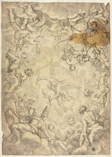 Prometheus Taking Fire From Olympus, n.d., Possibly Ludovico Cardi, called Il Cigoli (Italian, 1559-1613), or possibly Marco Antonio Franceschini (Italian, 1648-1729), or possibly Circle of Lorenzo de’ Ferrari (Italian, 1680-1744), or possibly Circle of Paolo de Matteis (Italian, 1662-c. 1728), Italy, Pen and brown ink with brush and gray wash, over traces of black chalk, on tan laid paper, 446 x 318 mm
