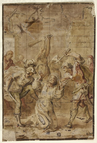 Martyrdom of a Saint, 1626/32, Workshop of Vicencio Carducho, Italian, 1570-1638, Italy, Watercolor and black chalk, heightened with lead white (discolored), on cream laid paper, laid down on ivory laid paper, 344 x 236 mm