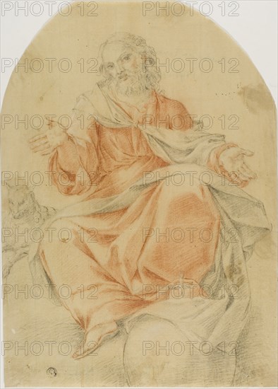 Christ as Salvator Mundi with Lamb, n.d., Jacopo Carucci, called Jacopo da Pontormo, Italian, 1494-1557, Italy, Red chalk and black chalk on cream laid paper, 351 x 253 mm, The Blessed Riniero Preaching to Followers, 1618/22, Giacomo Cavedone, Italian, 1577-1660, Italy, Pen and brown ink, with brush and brown wash, over red chalk, heightened with white chalk, on brown laid paper, laid down, 273 x 188 mm