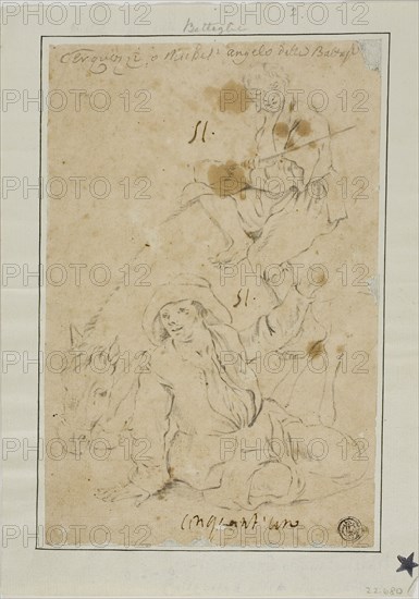 Two Peasants with Donkey, n.d., Attributed to or possibly after Michelangelo Cerquozzi, Italian, 1602-1660, Italy, Graphite on tan laid paper, laid down on ivory laid paper, 196 x 129 mm