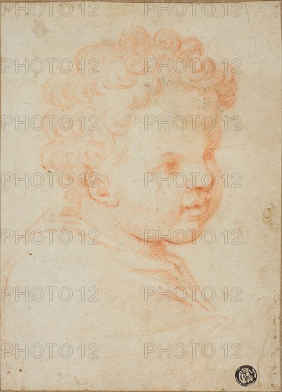 Head of a Child, 1550/59, Unknown Artist, Italian. mid-16th centlury, Italy, Red chalk on ivory laid paper, laid down on brown laid paper, 190 x 137 mm