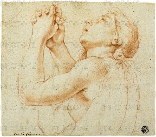 Praying Magdalene, 1670s, Carlo Cignani, Italian, 1628-1719, Italy, Red chalk, with stumping, heightened with touches of white chalk, on pale blue laid paper, 177 x 202 mm