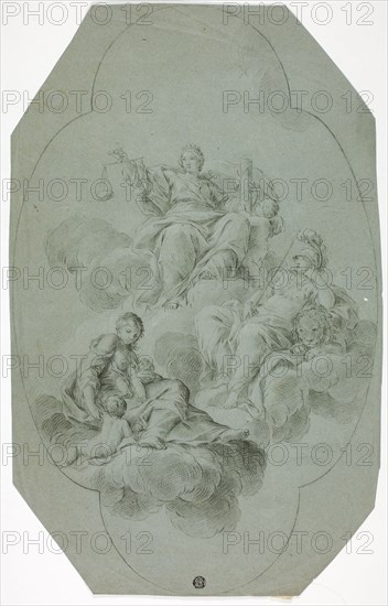 Allegorical Ceiling Decoration with Justice, Charity, and Fortitude, n.d., Follower of Stefano Pozzi, Italian, c. 1707-1768, Italy, Charcoal with stumping, heightened with white chalk, on blue laid paper, 473 x 296 mm