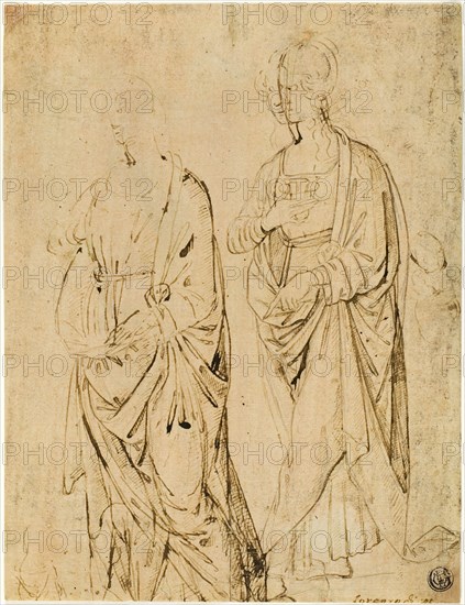 Saint Lucy and a Saint (recto), Alexander the Great in Profile (verso), 1500/12, Attributed to Agnolo and/or Donnino di Domenico, called del Mazziere, Italian, 1466-1513, Italy, Pen and brown ink over graphite (recto) and brush and brown ink and wash over graphite (verso) on cream laid paper prepared with salmon wash, 234 x 279 mm