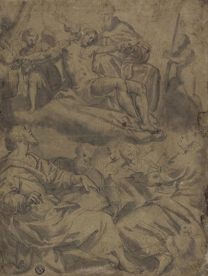 Four Evangelists and the Vision of God Holding the Dead Christ with the Instruments of the Passion, 1550/85, Unknown Artist, Italian, mid/late 16th century, Italy, Pen and brown ink with brush and brown wash, over black chalk, on brown laid paper, laid down on blue laid paper, 291 x 222 mm (max.)