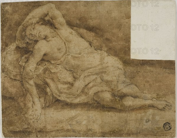 Sleeping Figure, n.d., Unknown Artist, Italian, Bologna, 17th century, Italy, Pen and brown ink, with brush and brown wash, over traces of black chalk, on tan laid paper, laid down on ivory laid paper, 163 x 207 mm