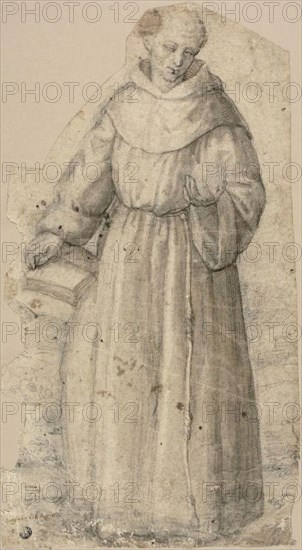 Saint Anthony of Padua (recto), Standing Monk (verso), 1540/75, Circle of Stefano dall’Arzere, Italian, c. 1515-1575/81, Italy, Pen and brown ink with brush and brown wash, over black chalk (recto) and charcoal with traces of white chalk (verso) on gray laid paper, partially laid down on tan laid paper, 405 x 230 mm (max.)