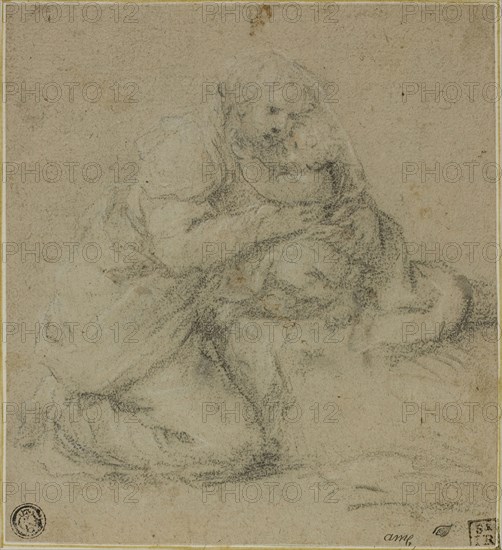 Kneeling Mother Embracing Child, c. 1550, Attributed to Michelangelo Anselmi, Italian, c. 1492-1556, Italy, Black chalk heightened with white chalk, on brown laid paper, laid down on ivory laid paper, 156 x 143 mm (max.)