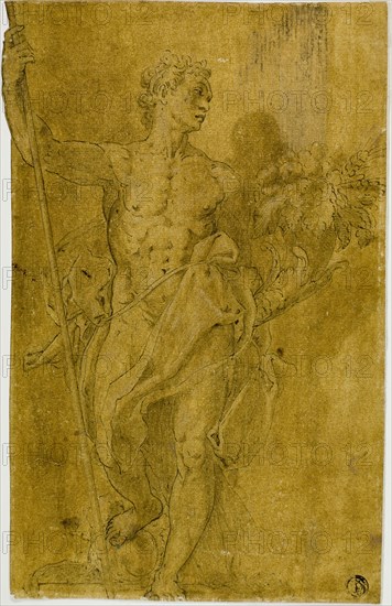 Study for Male Allegorical Figure, n.d., After Taddeo Zuccaro, Italian, 1529-1566, Italy, Pen and brown ink with brush and brown wash, heightened with lead white (partly oxidized), on cream laid paper prepared with light-brown wash, 267 x 171 mm (max.)