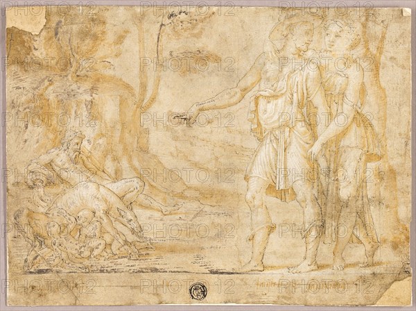 Faustulus and Merentia Discover Romulus and Remus, n.d., Possibly school of Fontainebleau (French, 16th century), or an unknown Netherlandish artist (16th century), France, Pen and black ink and brush and pale orange wash, heightened with lead white (discolored), on tan laid paper, laid down on cream laid paper, 170 × 229 mm