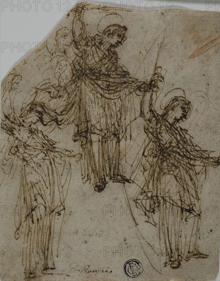 Sketches of a Standing Saint (Michael?) Holding a Sword (recto), Sketches of Figures and Heads (verso), 1550/59 (recto), n.d. (verso), Unknown Artist, Italian, late 16th century, Italy, Pen and brown ink, with a traces of red chalk (recto) and pen and brown ink (verso), on buff laid paper, 145 x 115 mm