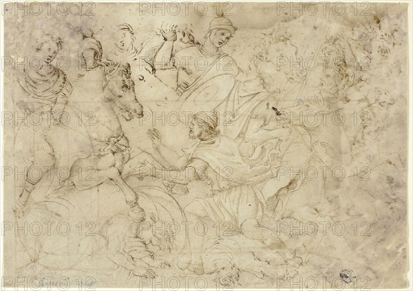 After the Antique: Trajan’s Victorious Combat against the Dacians, n.d., Unknown Artist, Italian, 16th century, Italy, Pen and brown ink on ivory laid paper, laid down on buff laid paper, 202 x 285 mm