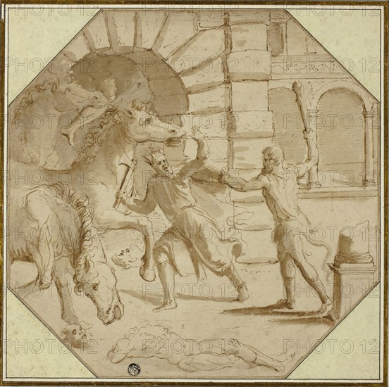 Hercules Felling King Diomedes, 1540/46, Giulio Pippi, called Giulio Romano, Italian, c. 1499-1546, Italy, Pen and brown ink with brush and brown wash, on octagonal-shaped buff laid paper, laid down on ivory laid paper, 287 x 290 mm (max.)