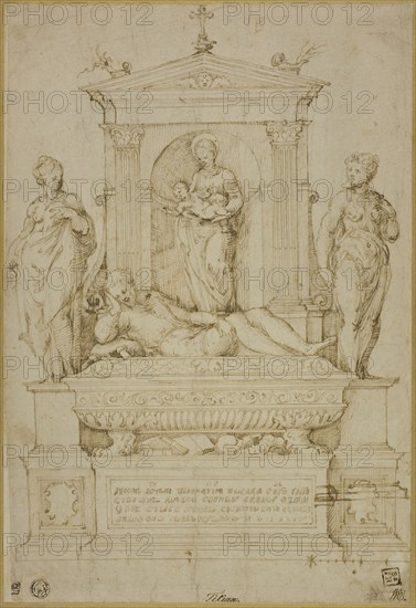 Project for a Tomb, 1537/43, Giulio Campi, Italian, c. 1508-1573, Italy, Pen and brown ink, over traces of black chalk, on ivory laid paper, laid down on cream wove paper, 307 x 210 mm
