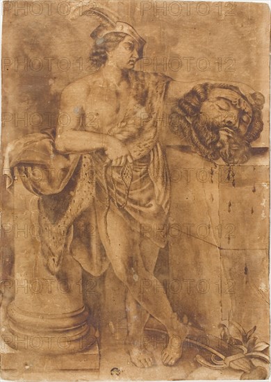 David with the Head of Goliath, after 1605/06, After Guido Reni, Italian, 1575-1642, Italy, Pen and brown ink and brush and brown wash on cream laid paper, laid down on tan wove card, 400 x 282 mm