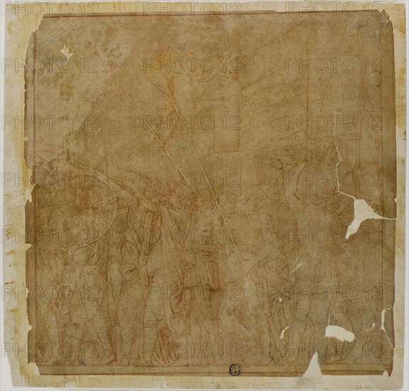 Study for the Triumphs of Julius Caesar: Canvas No. I, n.d., After Andrea Mantegna, Italian, 1431-1506, Italy, Pen and brown ink with red pencil, on tan laid paper, laid down on ivory wove paper, 276 x 281 mm