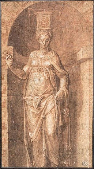 Temperance, n.d., Italian, Veronese, Late 16th century, Italy, Brush and brown wash over red and black chalk, heightened with white gouache, on tan laid paper, laid down on brown laid paper (tinted blue on recto), 300 x 168 mm