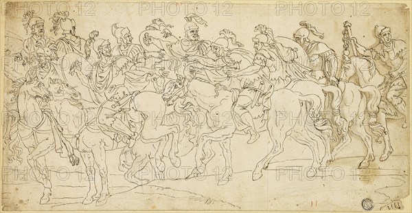 Roman Cavalry on the March, after 1675, After Giulio Pippi, called Giulio Romano, Italian, c. 1499-1546, Italy, Pen and brown ink with touches of brush and brown wash and traces of black chalk, on cream laid paper, laid down on cream wove paper, 170 x 332 mm