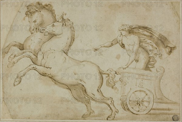 Apollo Driving the Chariot of the Sun, 1519/21, Workshop of Pietro Buonaccorsi, called Perino del Vaga, Italian, 1501-1547, Italy, Pen and brown ink with brush and brown wash, and graphite, on ivory laid paper, laid down on ivory laid card, 184 x 274 mm (max.)