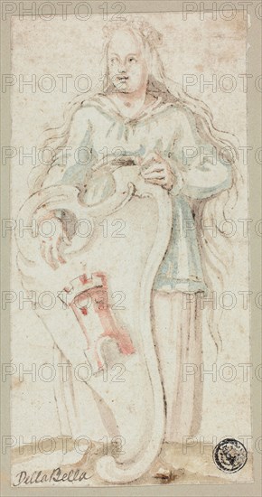 Saint Barbara, n.d., Stefano della Bella, Italian, 1610-1664, Italy, Pen and brown ink, with brush and green, red, brown, and pink washes, on ivory laid paper, tipped onto gray card, 144 x 74 mm