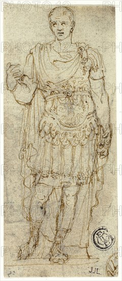 Statue of Augustus Caesar (recto and verso), n.d. (recto), Late 16th c. (verso), Italian, Roman, Late 16th century, Italy, Pen and brown ink over traces of black chalk (recto) and pen and blue ink (verso), on ivory laid paper, with incising, 117 x 49 mm