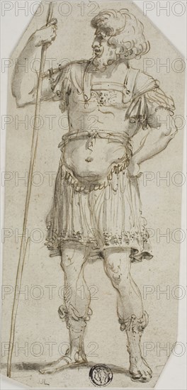 Standing Roman Warrior Holding Staff, n.d., Possibly style of Raymond de Lafage (French, 1656-1690), or possibly Stefano della Bella (Italian, 1610-1664), Italy, Pen and brown ink with brush and gray wash on  ivory laid paper, laid down on ivory laid paper, 169 x 77 mm