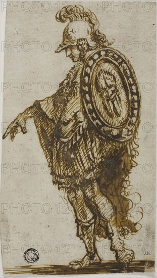 Standing Warrior with Shield, 1750, Attributed to Stefano della Bella, Italian, 1610-1664, Italy, Pen and brown ink, with brush and brown wash, over traces of graphite, on ivory laid paper, laid down on ivory laid paper, 181 x 193 mm