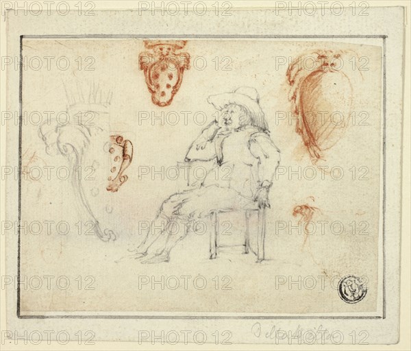Sketches of Seated Man, Medici Coats of Arms, n.d., Attributed to Stefano della Bella, Italian, 1610-1664, Italy, Black and red chalk, with traces of pen and brown ink, on ivory laid paper, laid down on ivory laid paper, 95 x 123 mm