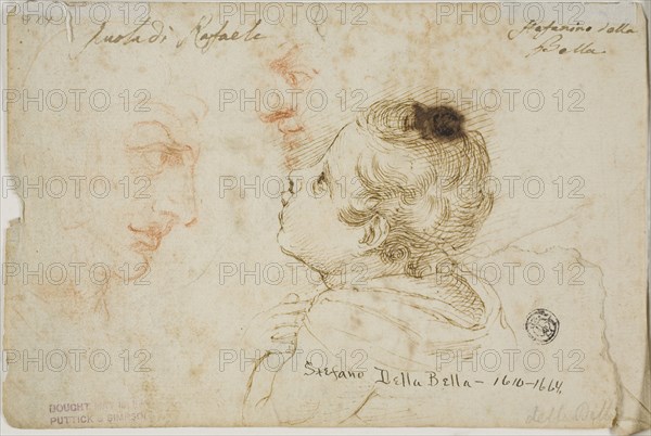 Sketches of Child Praying, Two Male Profiles (recto), Sketches of Male Heads (verso), n.d., Attributed to Stefano della Bella, Italian, 1610-1664, Italy, Pen and brown ink and red chalk, on ivory laid paper, 124 x 186 mm