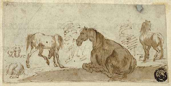 Studies of Horses in a Landscape, c. 1642, Possibly after Stefano della Bella, Italian, 1610-1664, Italy, Pen and brown ink, with brush and brown wash, on gray laid paper, laid down on blue laid paper, 59 x 118 mm